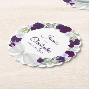 Plum Purple & Lavender Wreath of Roses Wedding Paper Coaster