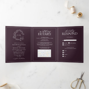 Plum Purple Leafy Crest Monogram Wedding Tri-Fold Invitation