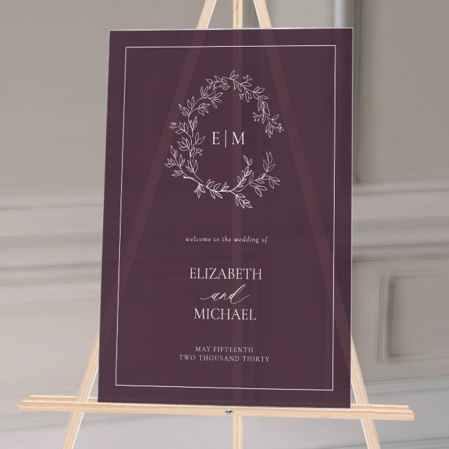 Plum Purple Leafy Crest Monogram Welcome Wedding Acrylic Sign (Wedding Welcome Sign!)