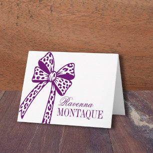 Plum Purple Leopard Bow Handwritten Name Party Note Card