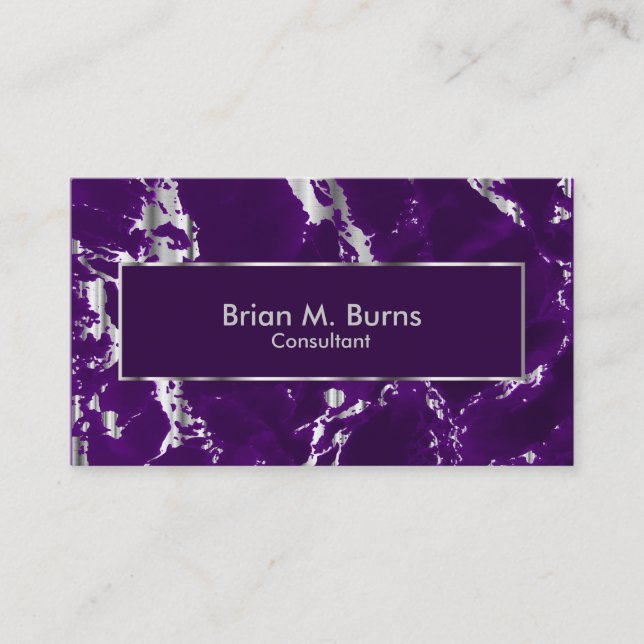 Plum Purple Marble and Metallic Silver Design Business Card (Front)