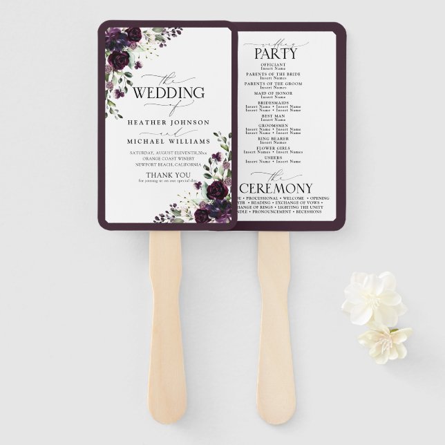 Plum Purple Mauve Floral Watercolor Program Hand Fan (Front and Back)
