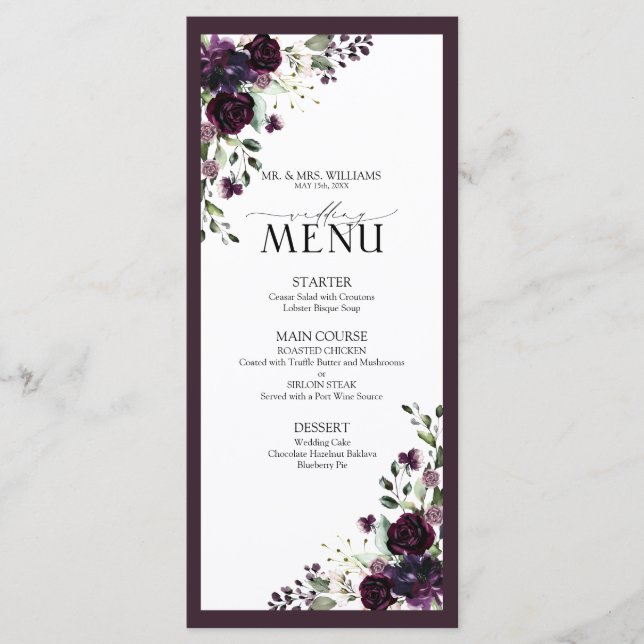 Plum Purple Mauve Floral Watercolor Script Wedding Menu (Front)