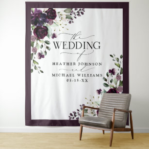 Plum Purple Mauve Floral Watercolor Wedding Photo Tapestry