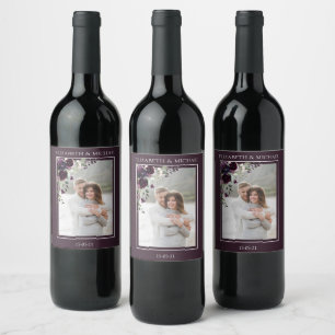 Plum Purple Mauve Floral Watercolor Wedding Wine Label