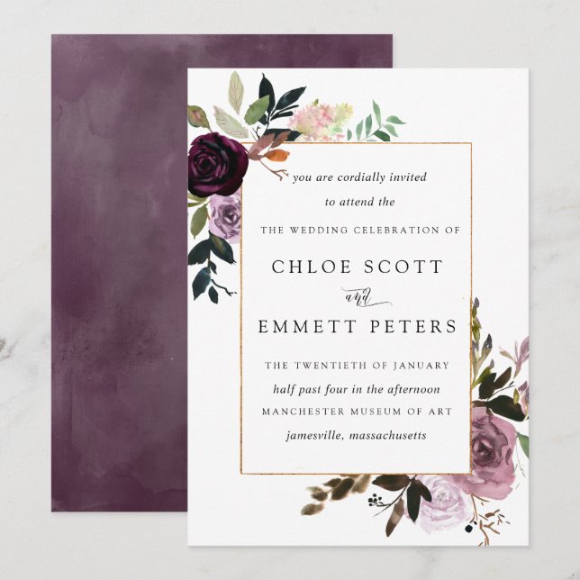 Plum Purple Mauve Pink Floral Wedding Invitation (Front/Back)