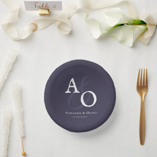 Plum Purple Minimalist Monogram Wedding Paper Plate (Wedding)