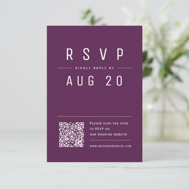 Plum Purple Modern Chic Simple Typography QR code RSVP Card (Standing Front)