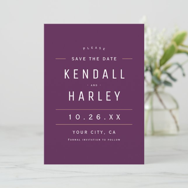 Plum Purple Modern Chic Typography Simple Photo Save The Date (Standing Front)