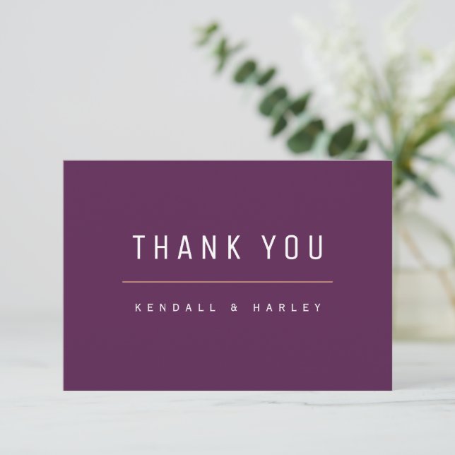 Plum Purple Modern Chic Typography Simple  Thank You Card (Standing Front)