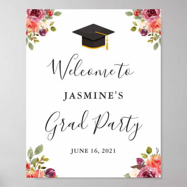 Plum Purple Orange Floral Graduation Welcome Sign (Front)