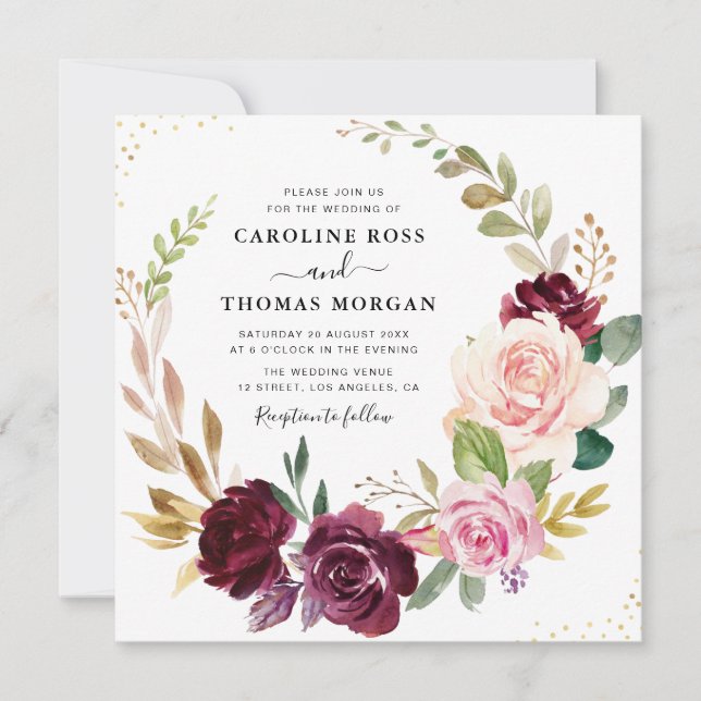 Plum purple & peach floral wreath wedding invitation (Front)