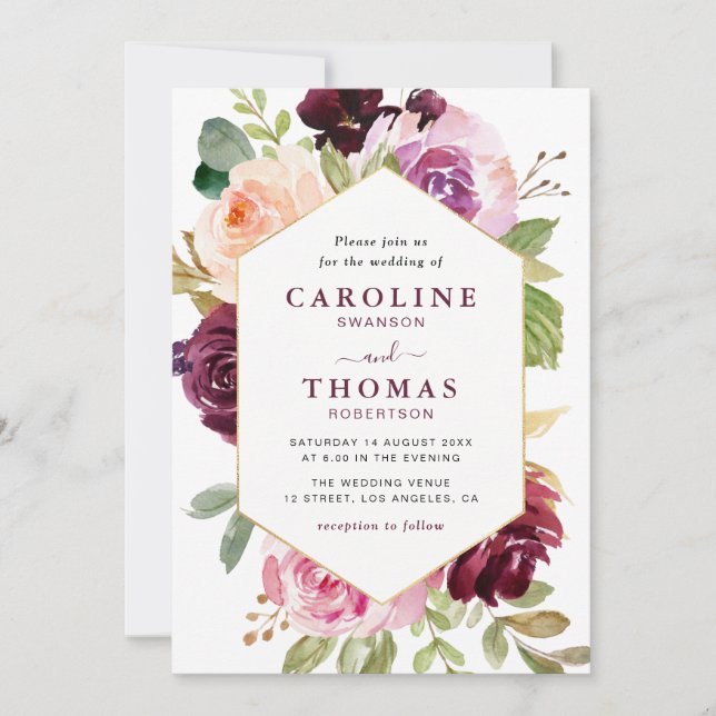Plum purple & peach gold frame wedding invitation (Front)