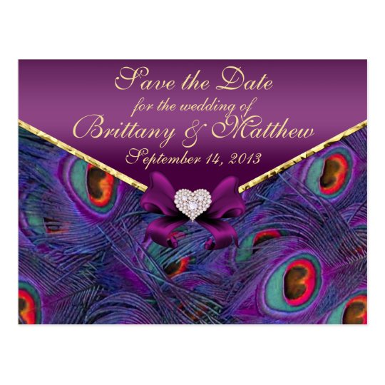 Plum Purple Peacock Save the Date Postcard