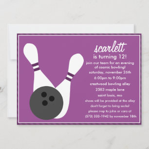 Plum Purple Pin Stripes Bowling Birthday Party Invitation