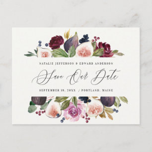 Plum purple, pink, burgundy + gig wedding postcard
