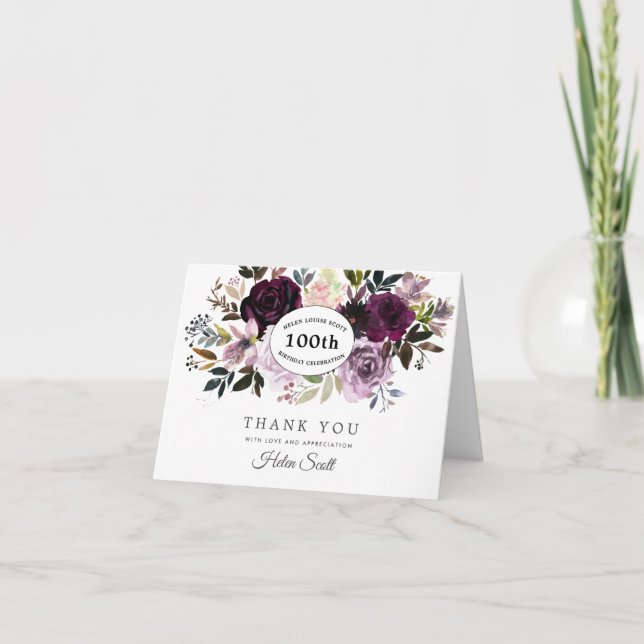 Plum Purple Pink Floral 100th Birthday Thank You (Front)