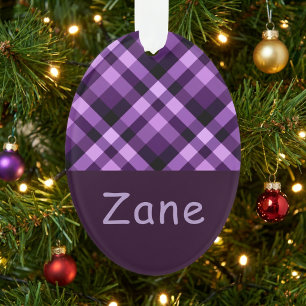 Plum Purple Plaid Monogram Acrylic Oval Ornament