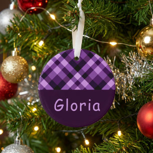 Plum Purple Plaid Monogram Circle Acrylic Ornament