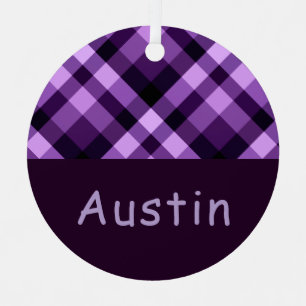 Plum Purple Plaid Monogram Circle Metal Ornament