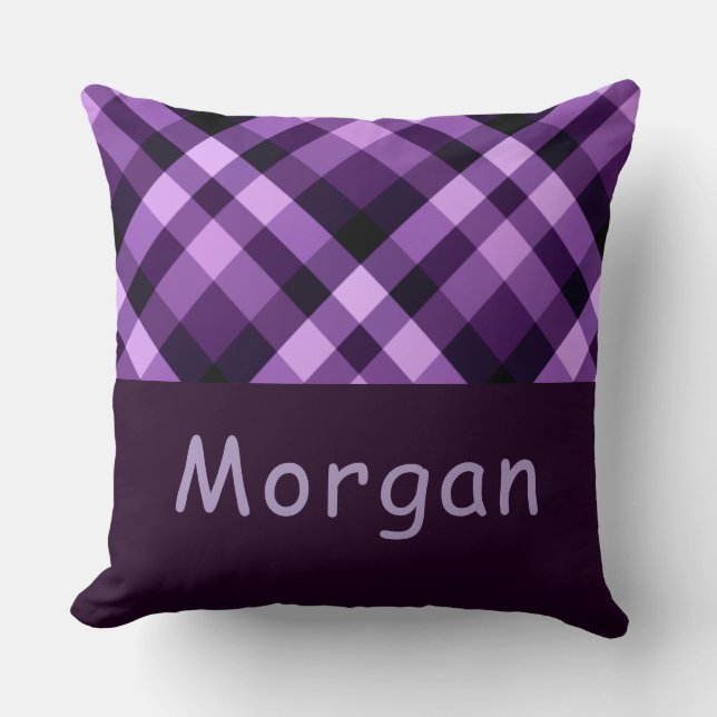 Plum Purple Plaid Monogram Large Throw Pillow (Front)