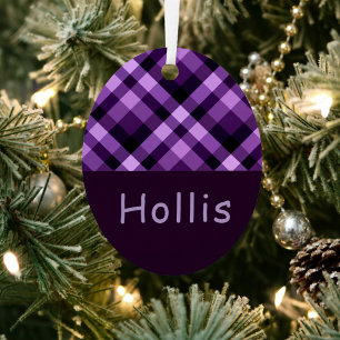 Plum Purple Plaid Monogram Metal Oval Ornament