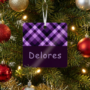 Plum Purple Plaid Monogram Metal Square Ornament