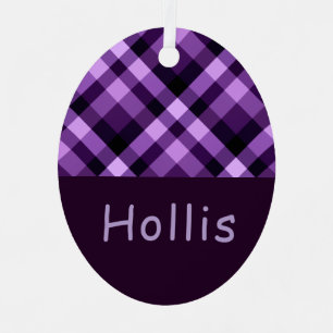 Plum Purple Plaid Monogram Oval Metal Ornament