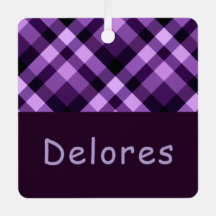 Plum Purple Plaid Monogram Square Metal Ornament