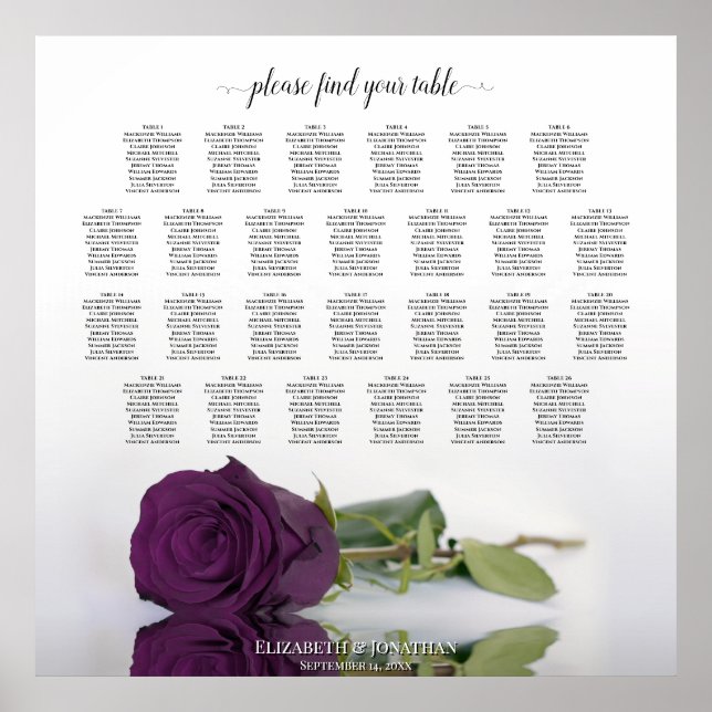 Plum Purple Rose 26 Table Wedding Seating Chart (Front)