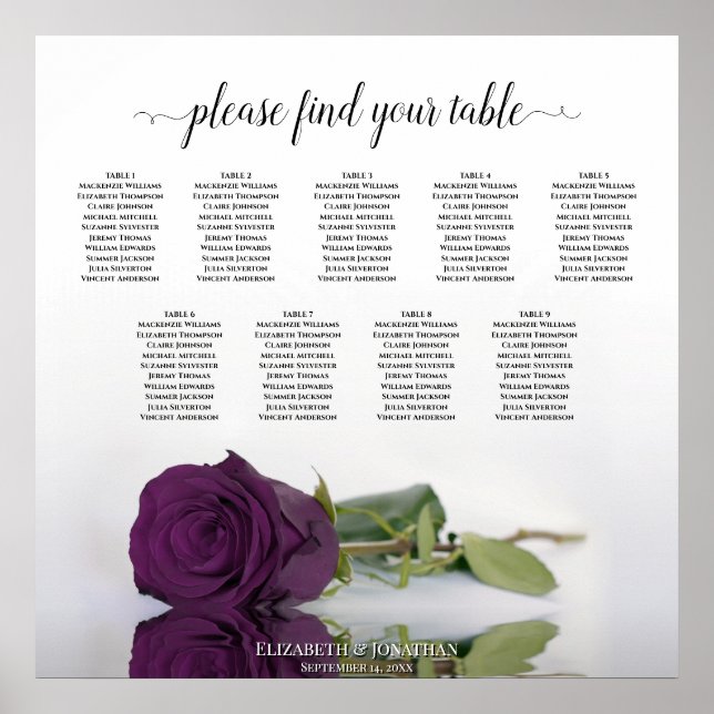 Plum Purple Rose 9 Table Wedding Seating Chart (Front)