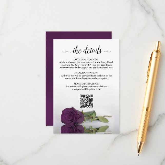 Plum Purple Rose Elegant Wedding Details QR Code Enclosure Card (Front/Back In Situ)