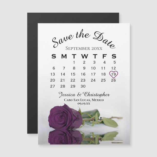 Plum Purple Rose Save the Date Calendar Magnet (Front/Back)