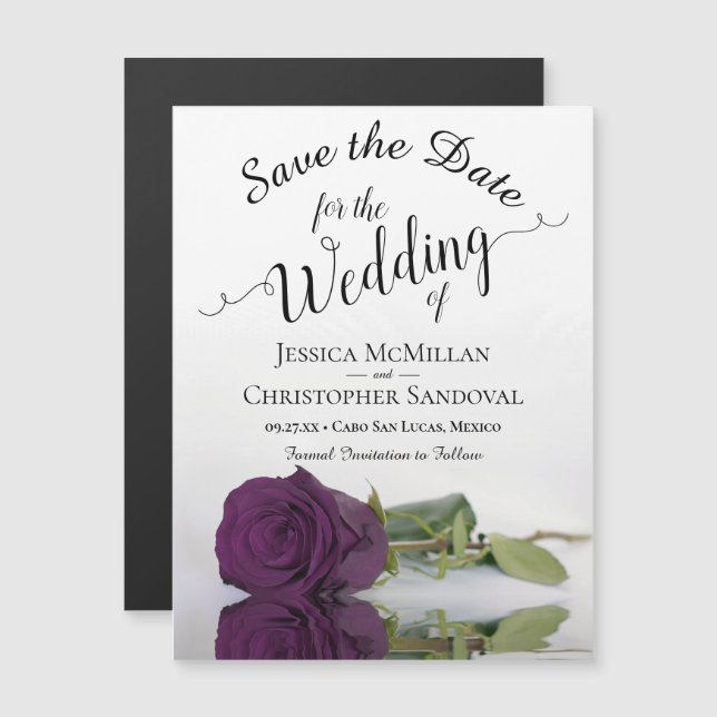 Plum Purple Rose Wedding Save the Date Magnet (Front/Back)