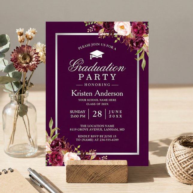 Plum Purple Rustic Floral Graduation Party Invitation (Creator Uploaded)