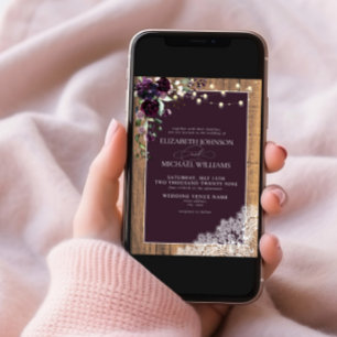Plum Purple Rustic Wood Lace Script Wedding Invita Invitation