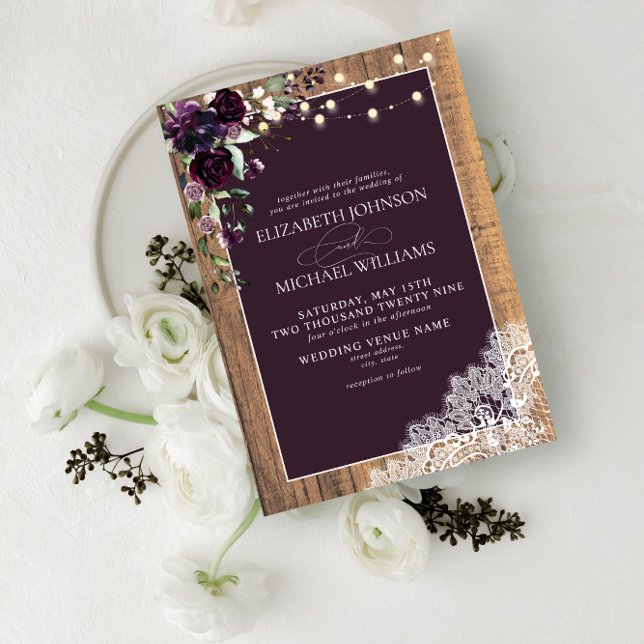 Plum Purple Rustic Wood Lace Script Wedding Invita Invitation (Creator Uploaded)