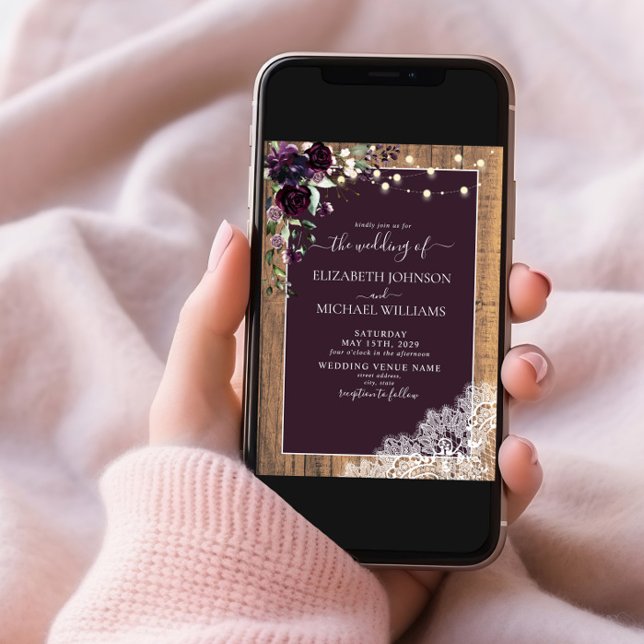 Plum Purple Rustic Wood Script Lace Photo Wedding Invitation (Creator Uploaded)