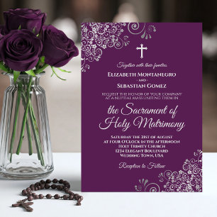 Plum Purple & Silver Chic Modern Catholic Wedding Invitation