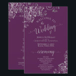 Plum Purple & Silver Curls Budget Wedding Program<br><div class="desc">These wedding programs are elegant and tasteful, while still being budget friendly. The design features ornate silver grey faux foil curls and swirls with pale grey text on a plum purple coloured background. The typography features lacy script calligraphy, and there is room for details on the ceremony, the bridal party,...</div>