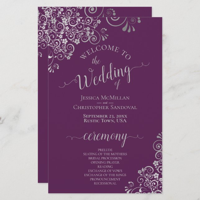 Plum Purple & Silver Curls Budget Wedding Program (Front/Back)