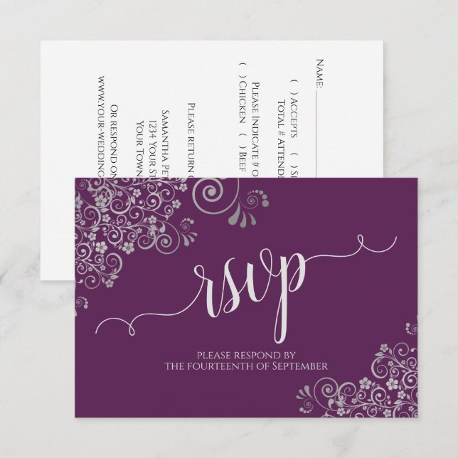Plum Purple & Silver Elegant Calligraphy Wedding RSVP Card (Front/Back)