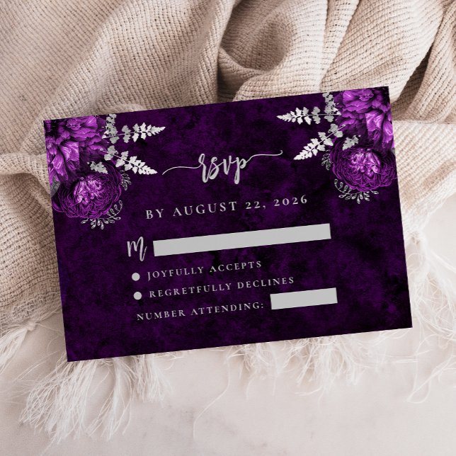 Plum Purple Silver Floral Script Wedding RSVP Enclosure Card (Creator Uploaded)