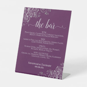 Plum Purple & Silver Wedding Drinks or Bar Menu Pedestal Sign