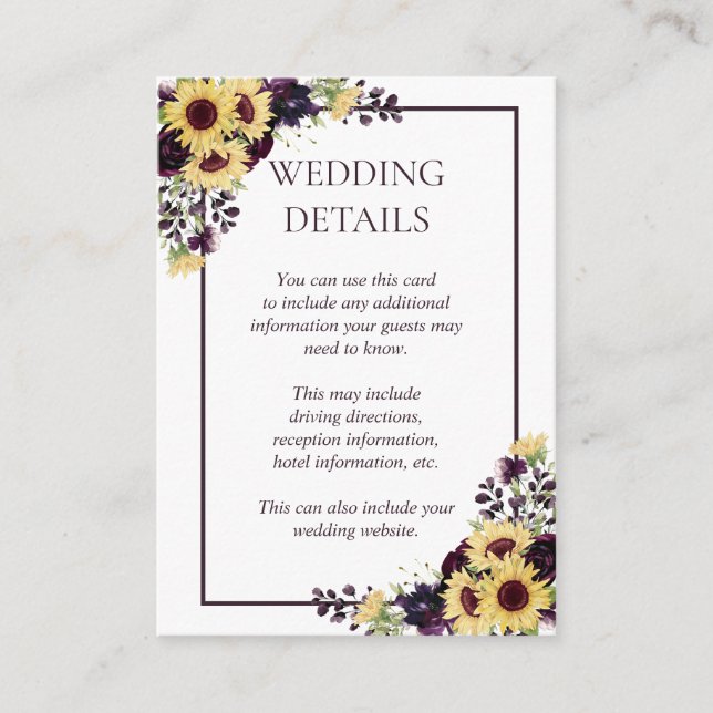 Plum Purple Sunflower Watercolor Details Enclosure Card (Front)