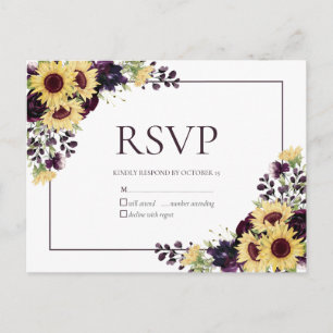 Plum Purple Sunflower Watercolor No Menu RSVP