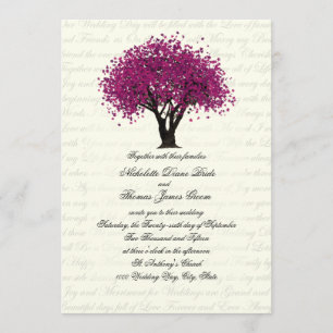 Plum Purple Tree Dancing Blooms Wedding Invitation