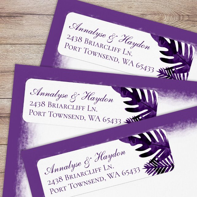 Plum Purple Tropical Feuilles Mariages Adresse de  (tropical plum purple, eggplant purple island palm leaves, fern leaf, monstera return address labels)