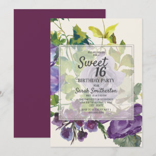 Plum Purple Watercolor Floral Green Leaf Sweet 16 Invitation