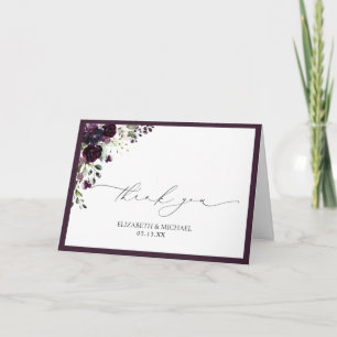 Plum Purple Watercolor Floral Photo Wedding Thanks Card